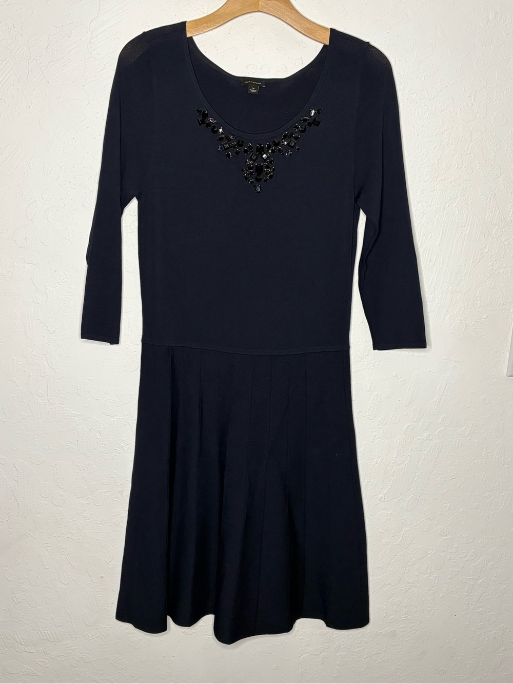 Ann Taylor Beaded Neckline Dress M Black Rayon Knit 3/4 Sleeve Fit Flare Skater